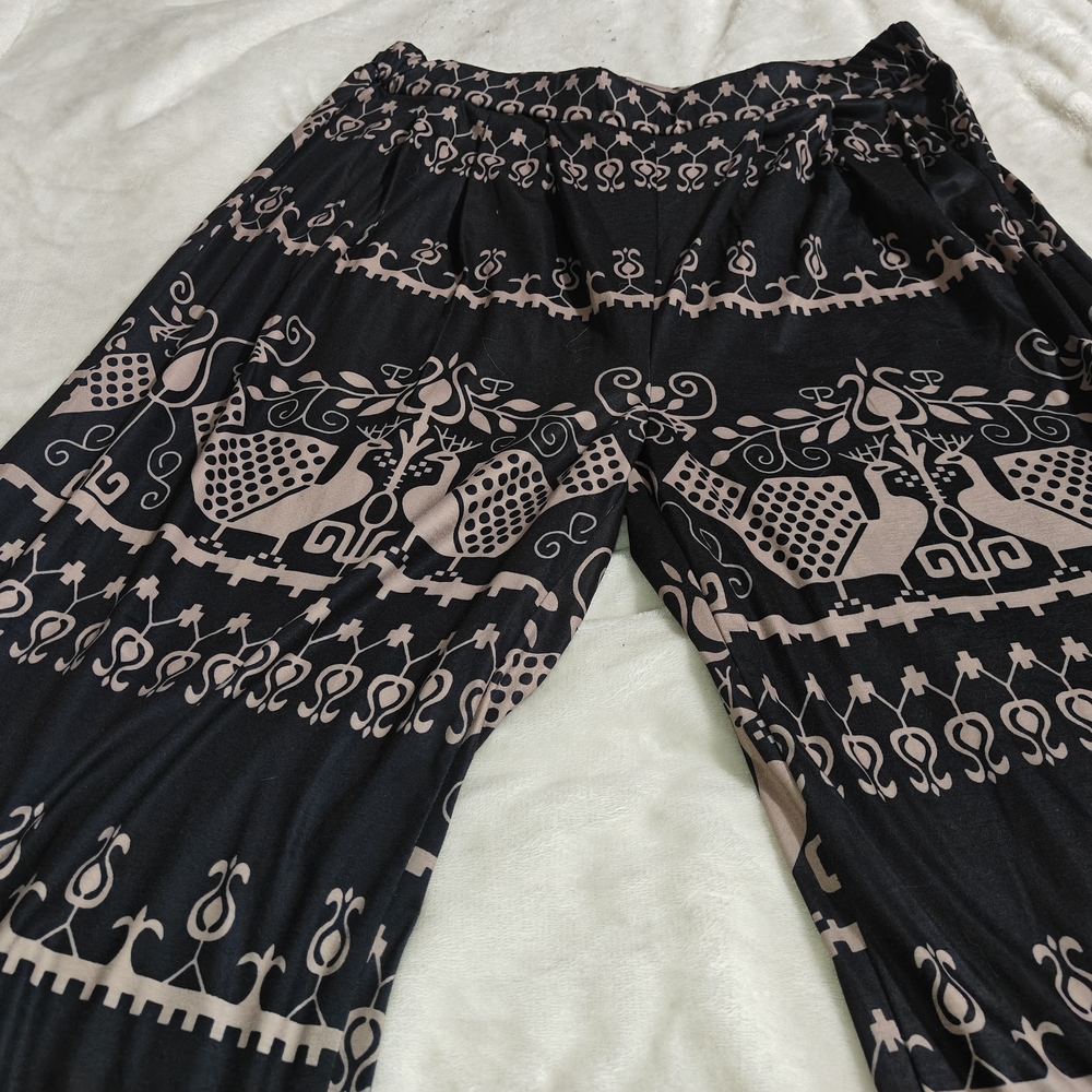 Black Wide Leg Pants with Blush Geometric Print